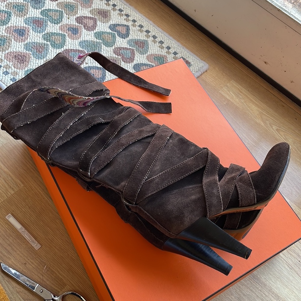 Missoni Brown Suede Strappy Knee High Heeled Boots - Picture 8 of 8
